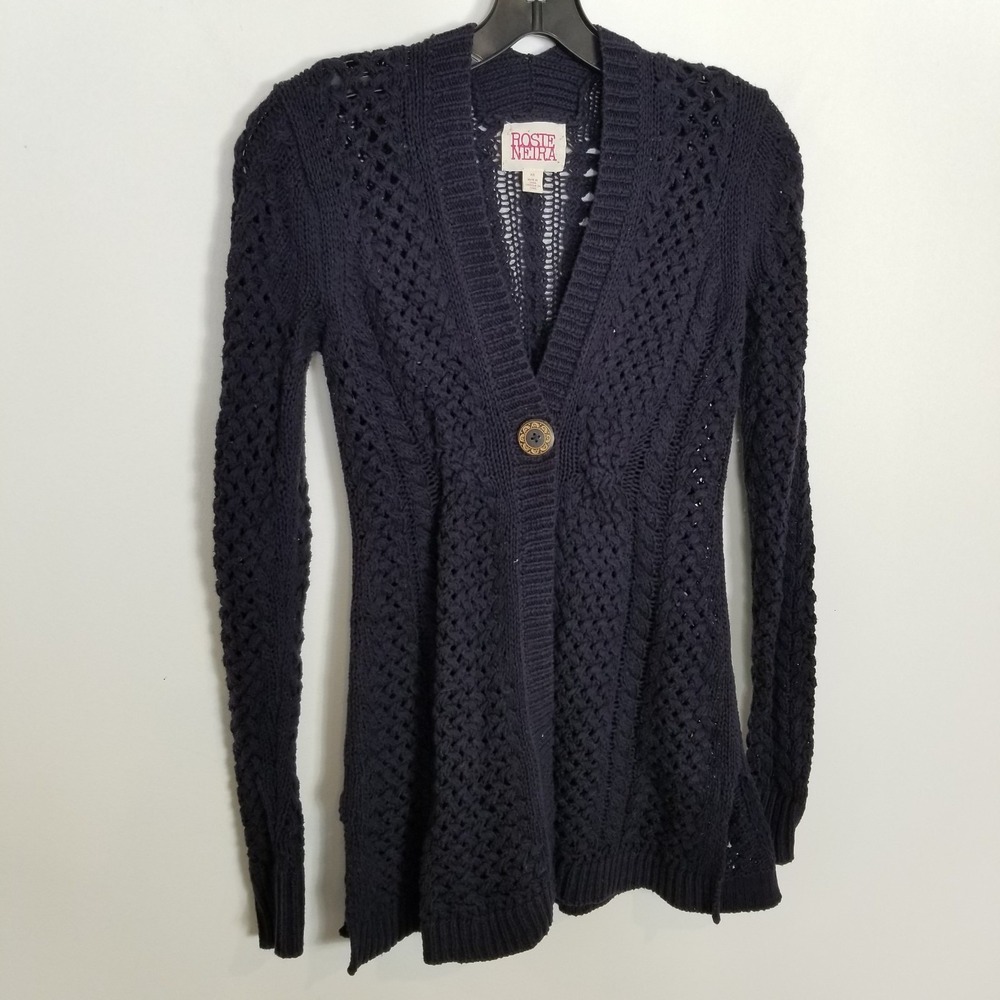 Rosie Neira Anthropologie Cotton Crochet Knit Cardigan Sz XS Navy Sweater Boho - Picture 4 of 11